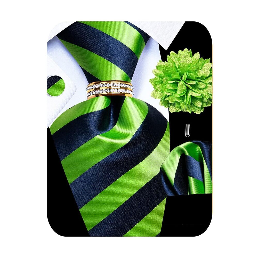 5733 5PCS Silk Green Striped Tie, Pocket Square, Cufflinks, Drilled Tie